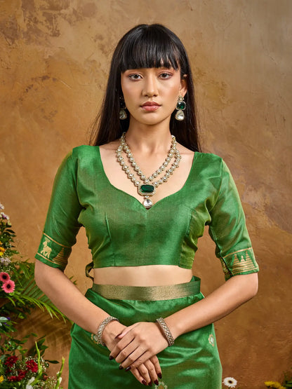Tropical Green Zari weaving Tussar Silk Saree