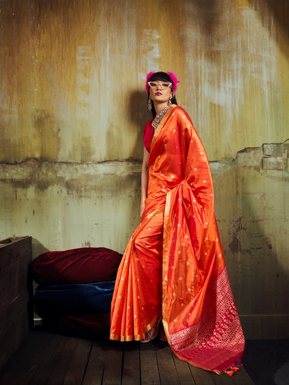 Bright Orange Silk Zari Weaving Saree