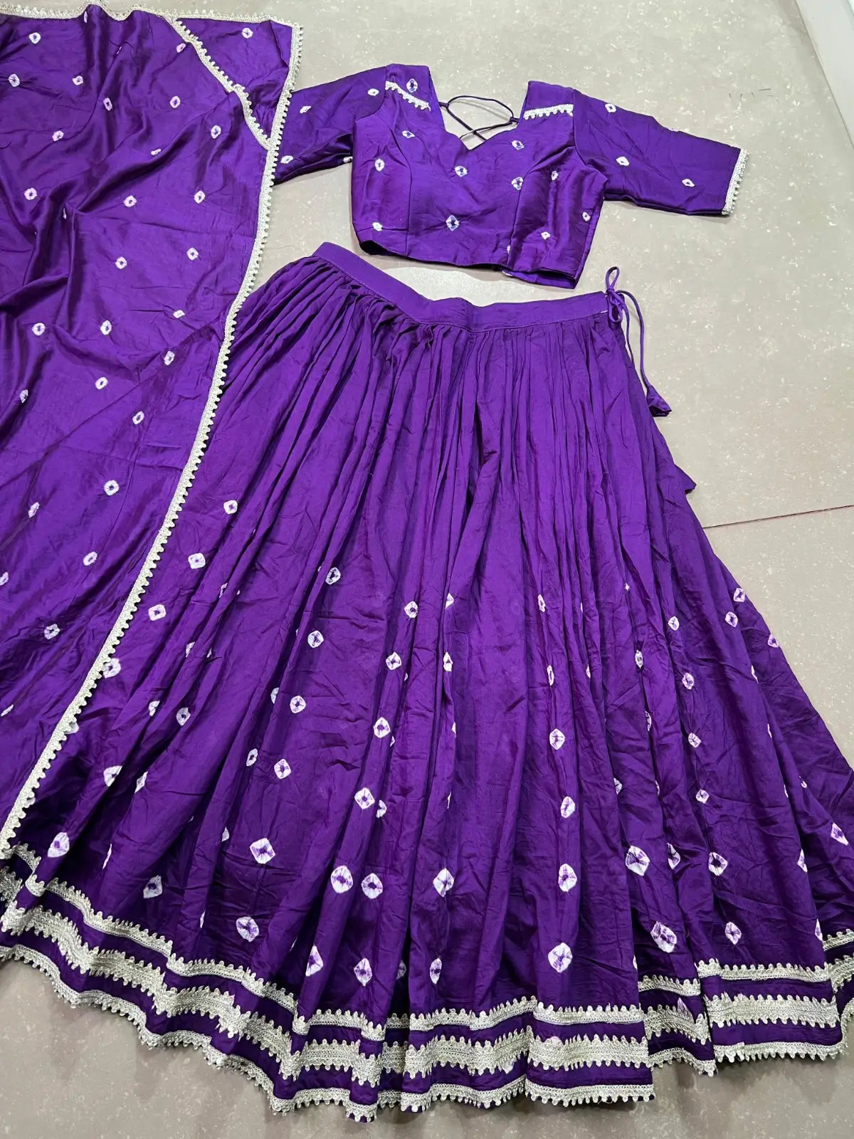 Purple Chanderi Bandhej Print Navratri Lehenga Choli With Lace Touch Up