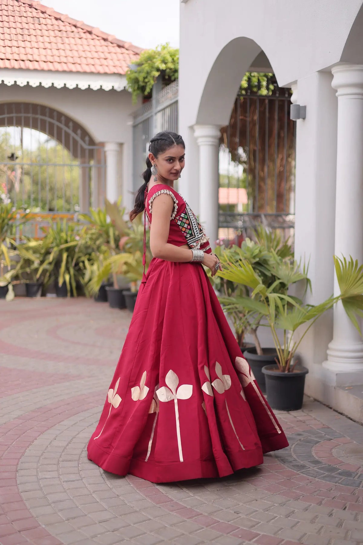 Maroon Mirror & Gamthi Work Navratri Lehenga