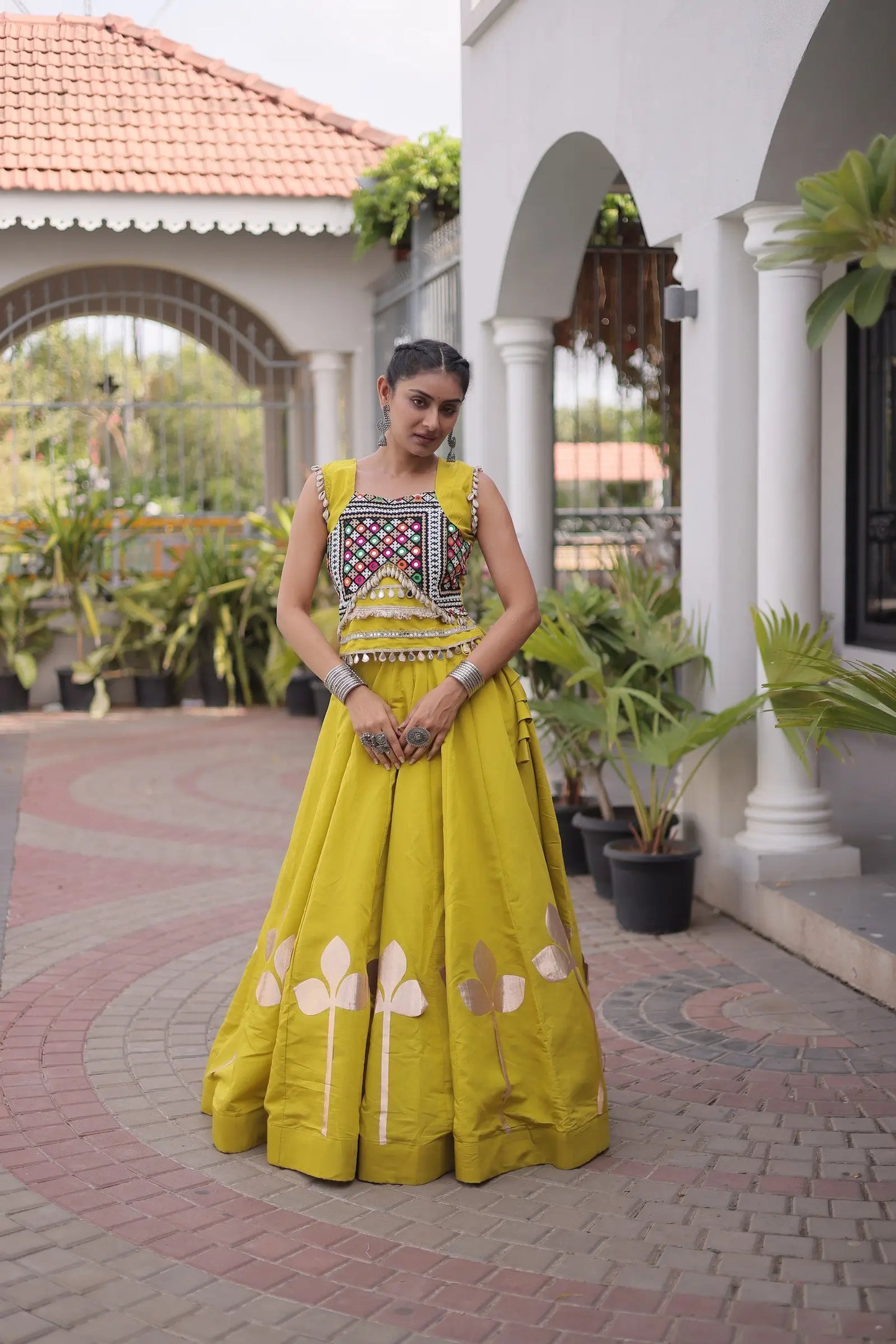 Yellow Mirror & Gamthi Work Navratri Lehenga
