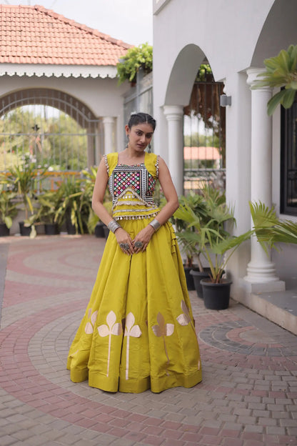 Yellow Mirror & Gamthi Work Navratri Lehenga