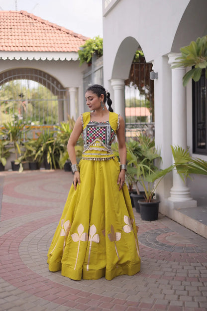 Yellow Mirror & Gamthi Work Navratri Lehenga