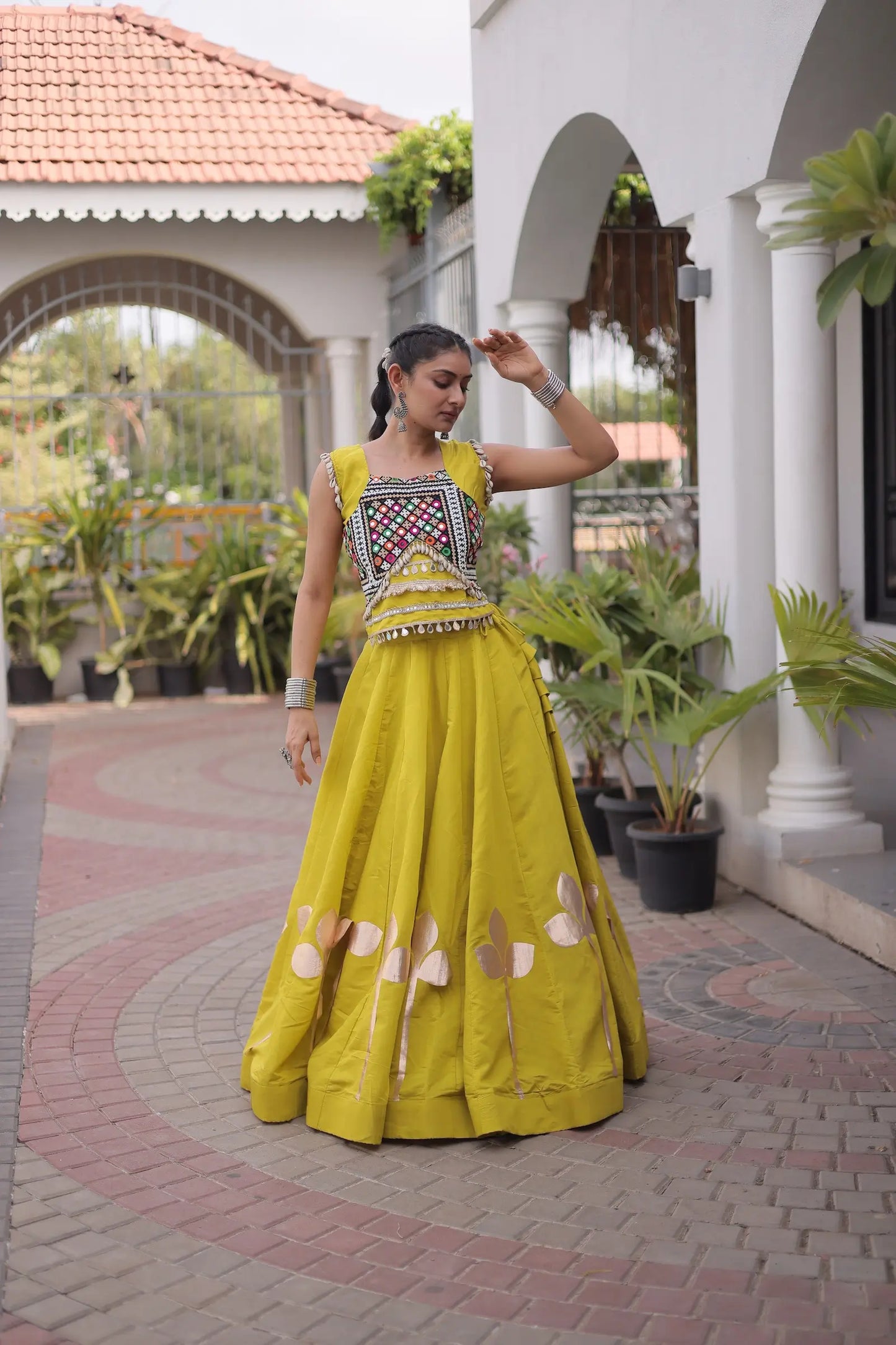 Yellow Mirror & Gamthi Work Navratri Lehenga