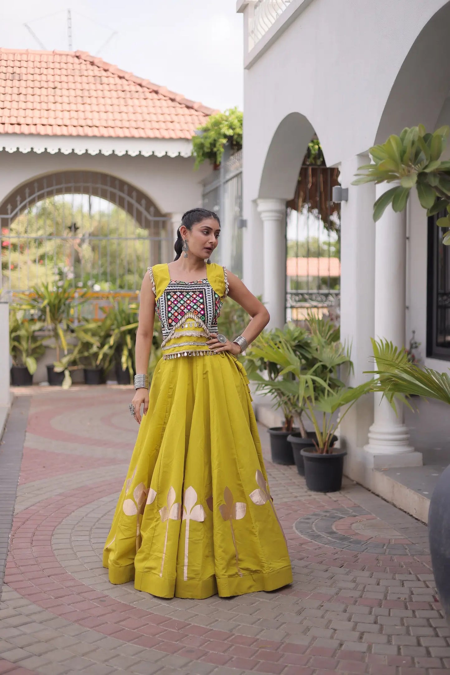 Yellow Mirror & Gamthi Work Navratri Lehenga