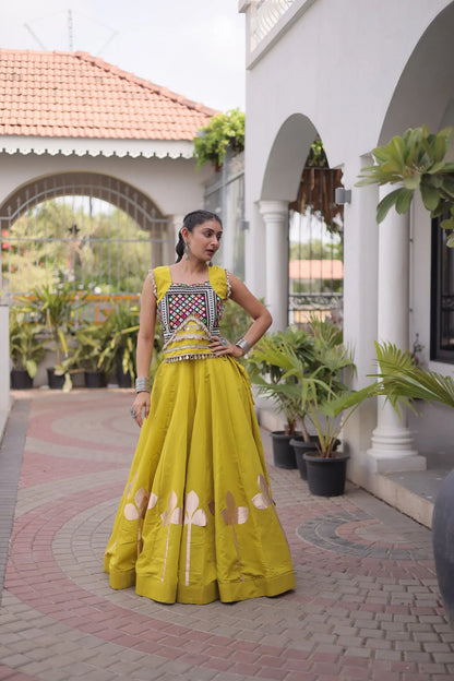 Yellow Mirror & Gamthi Work Navratri Lehenga