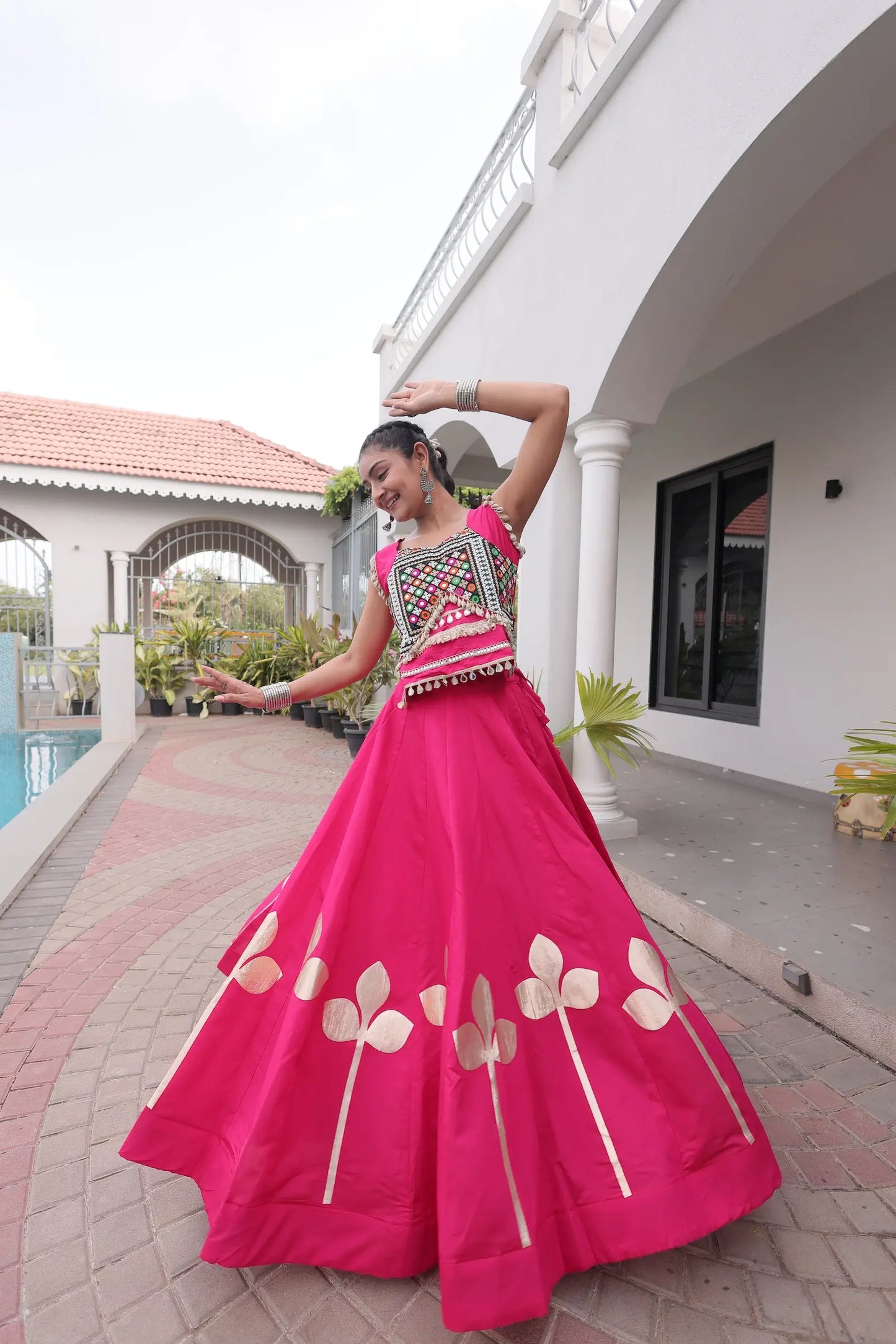 Pink Mirror & Gamthi Work Navratri Lehenga