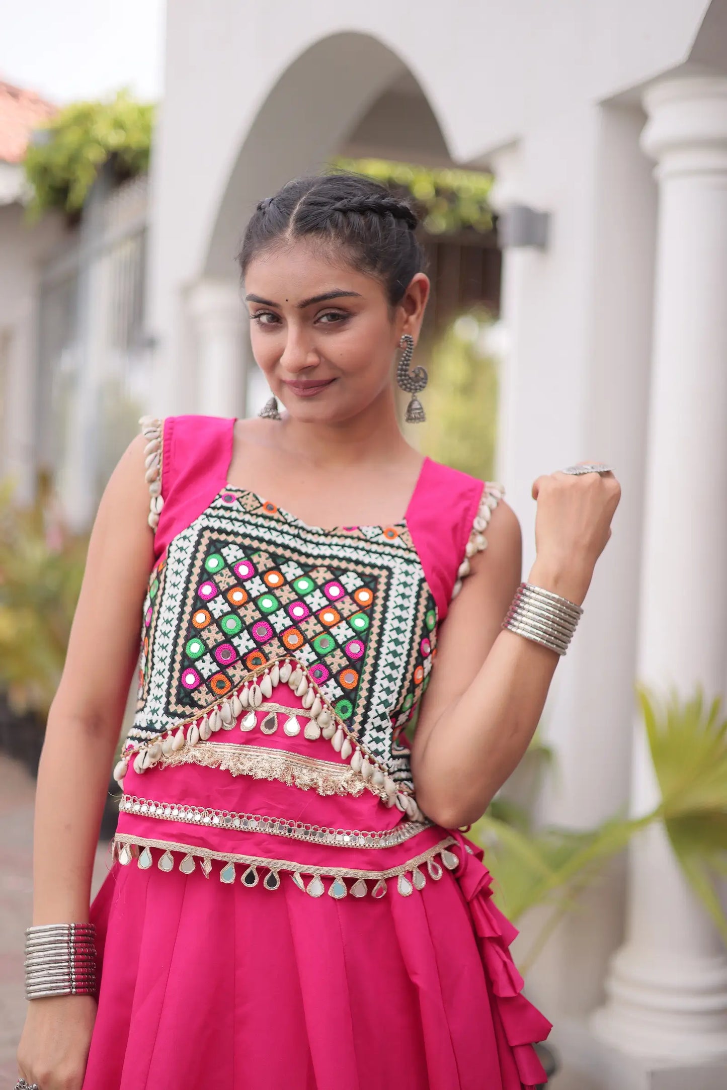 Pink Mirror & Gamthi Work Navratri Lehenga