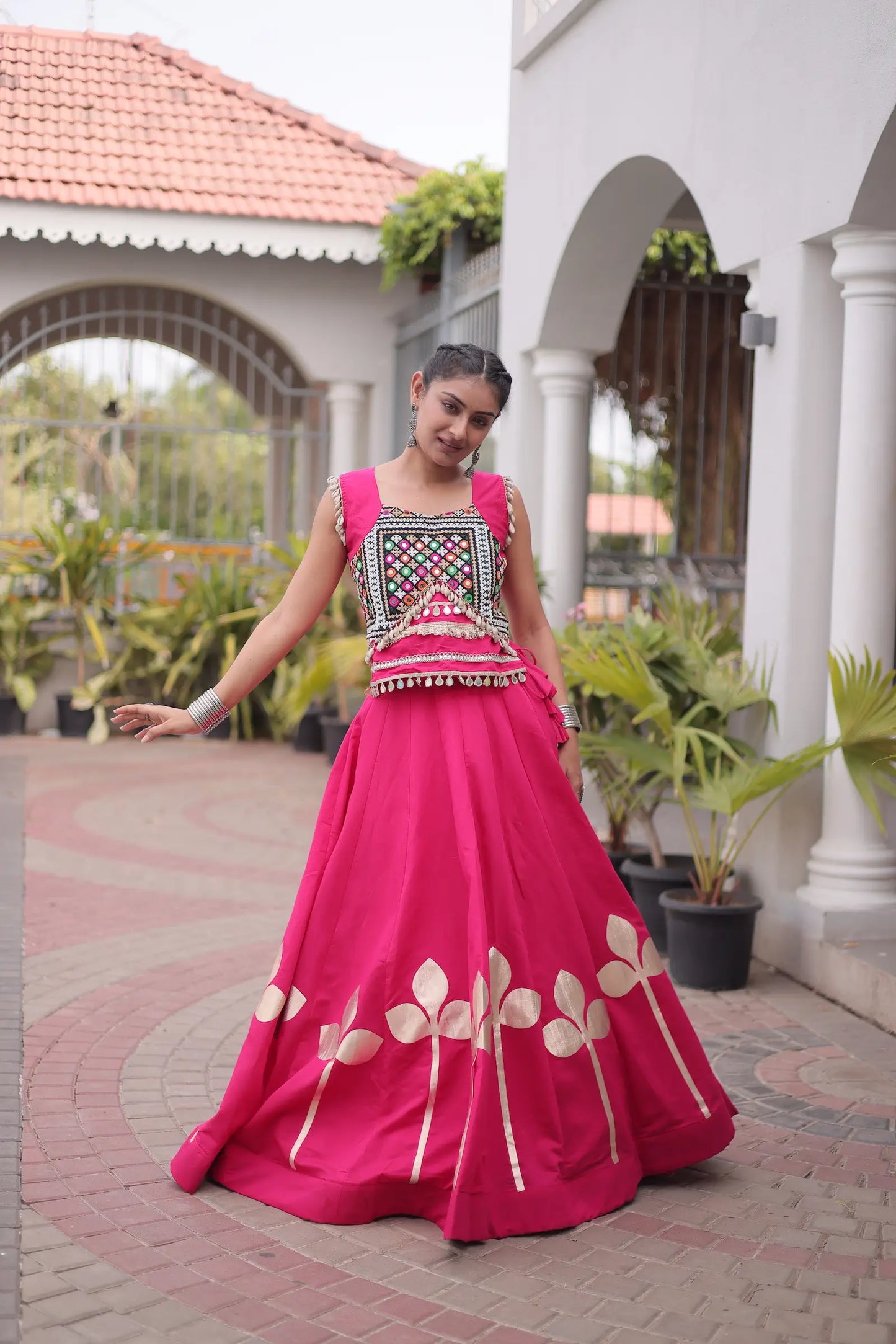 Pink Mirror & Gamthi Work Navratri Lehenga