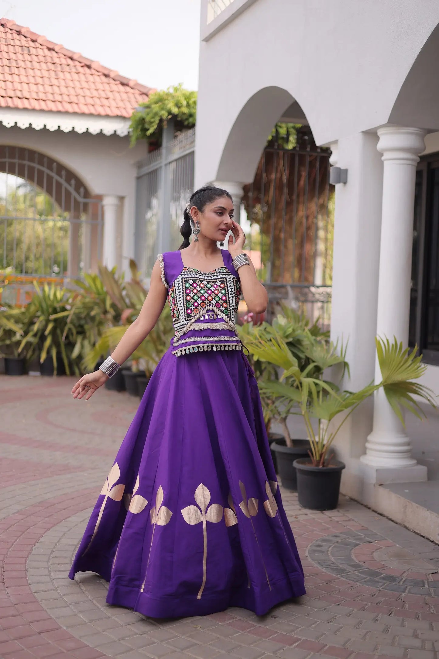Purple Mirror & Gamthi Work Navratri Lehenga