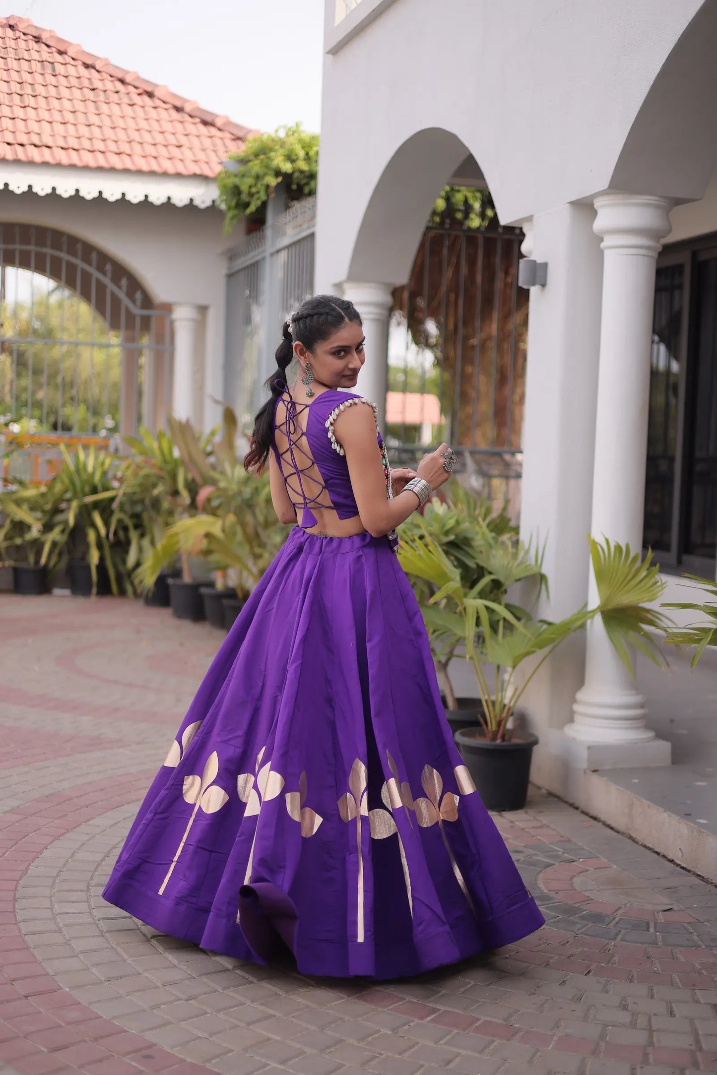Purple Mirror & Gamthi Work Navratri Lehenga