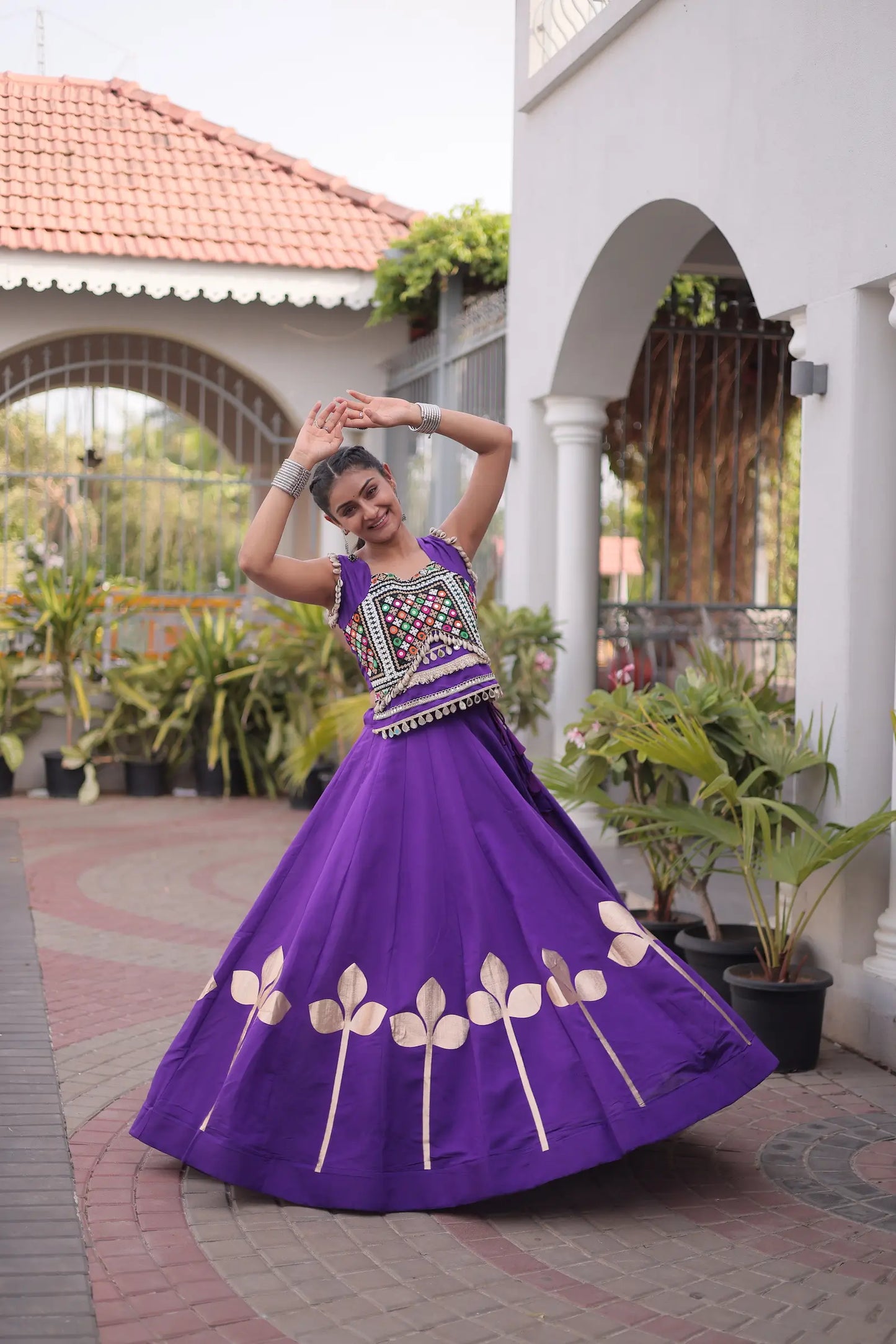 Purple Mirror & Gamthi Work Navratri Lehenga