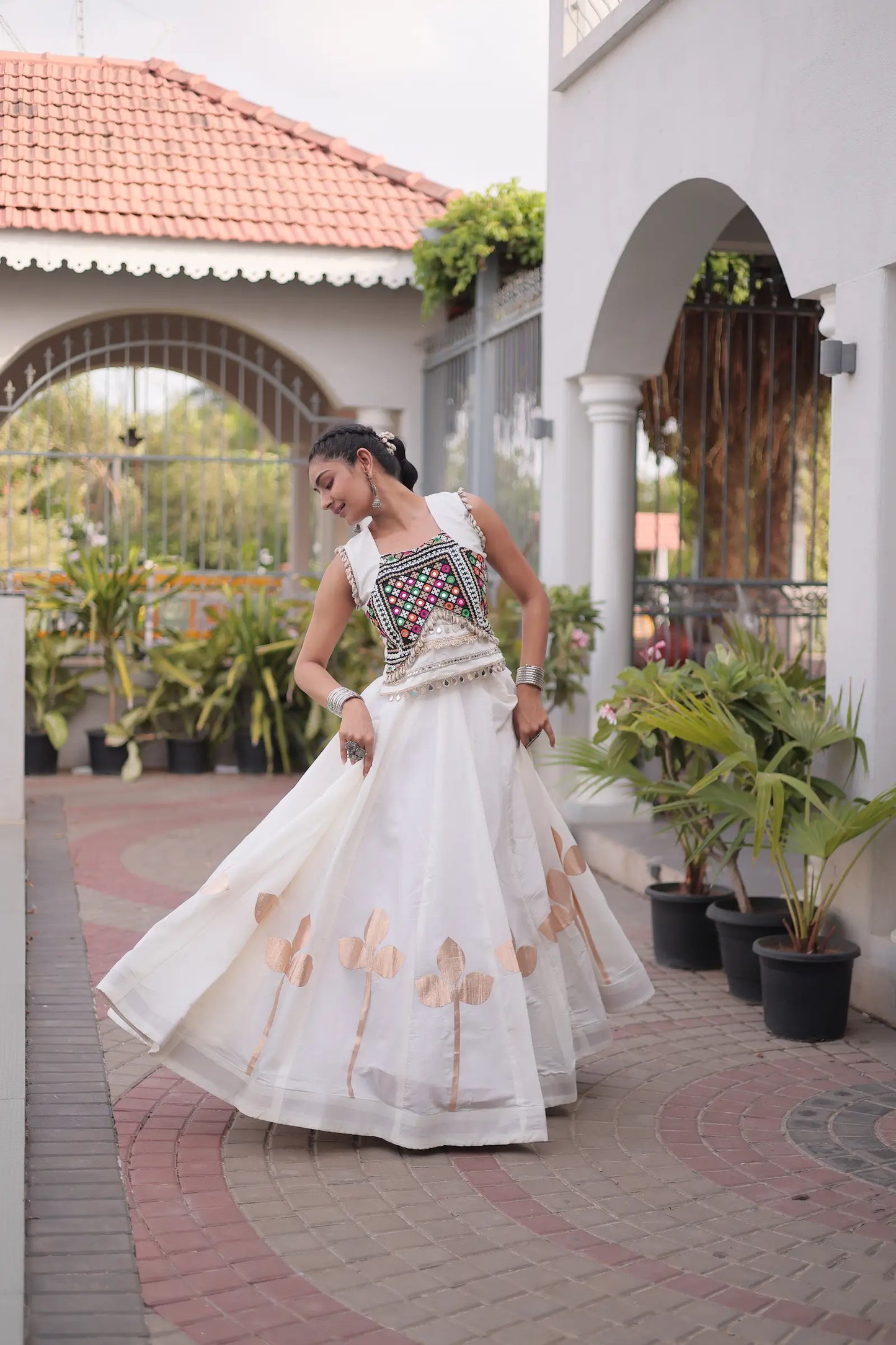 White Mirror & Gamthi Work Navratri Lehenga