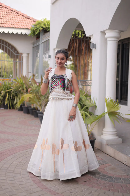 White Mirror & Gamthi Work Navratri Lehenga