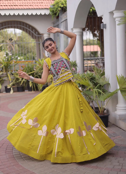 Yellow Mirror & Gamthi Work Navratri Lehenga
