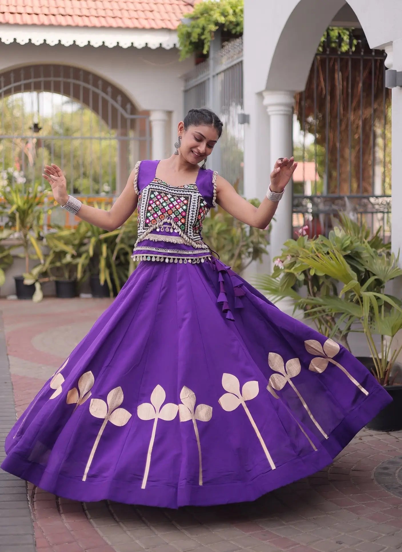 Purple Mirror & Gamthi Work Navratri Lehenga