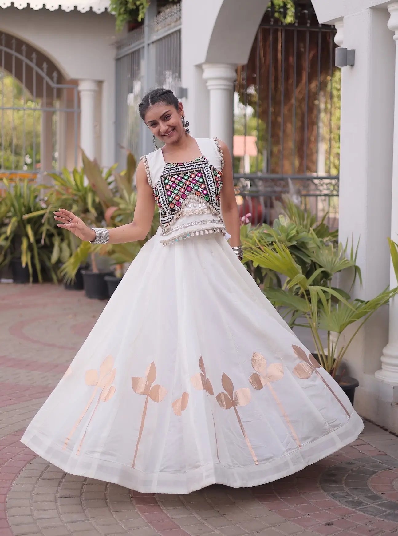 White Mirror & Gamthi Work Navratri Lehenga