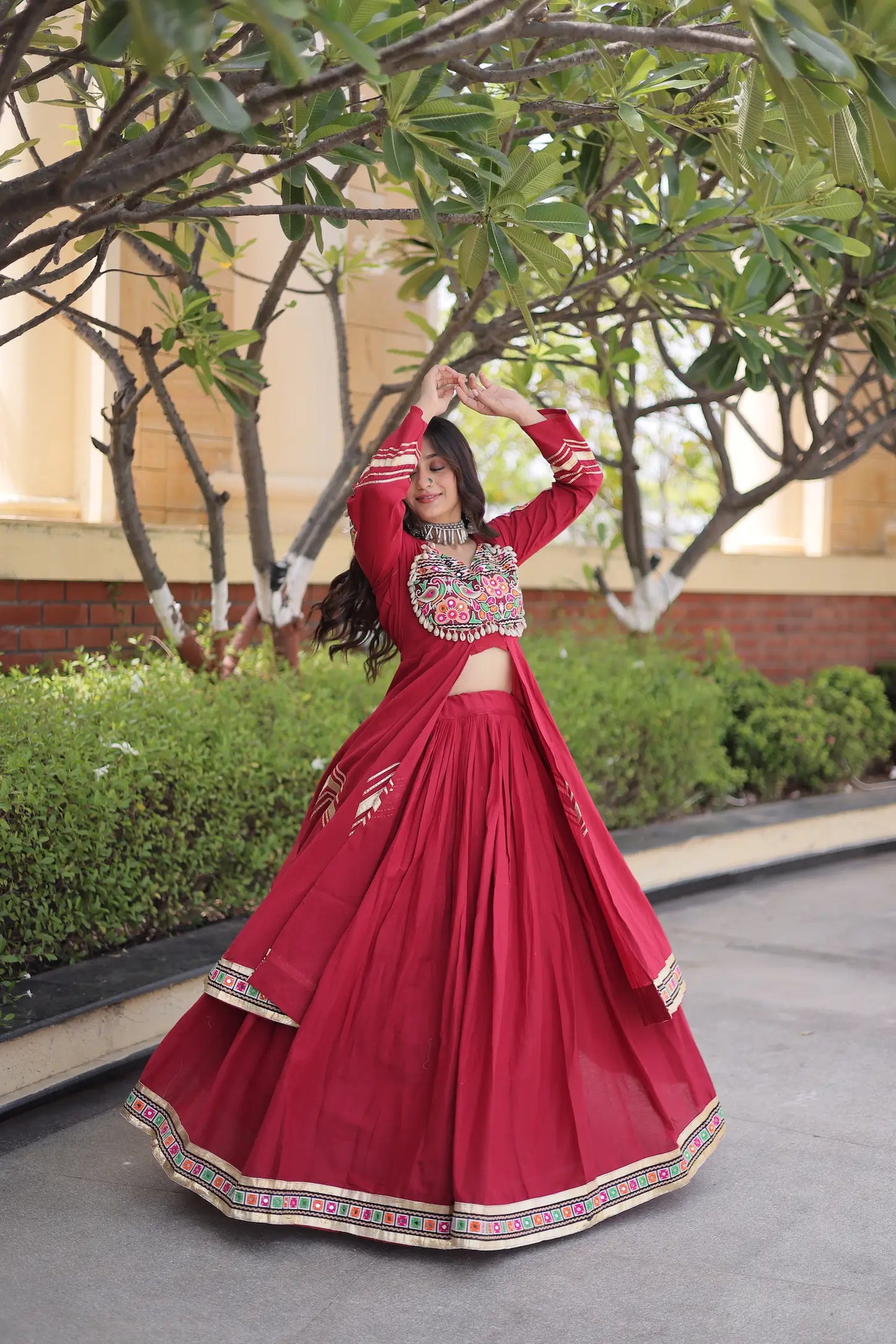 Maroon Cotton Chaniya Choli With Gamthi Work