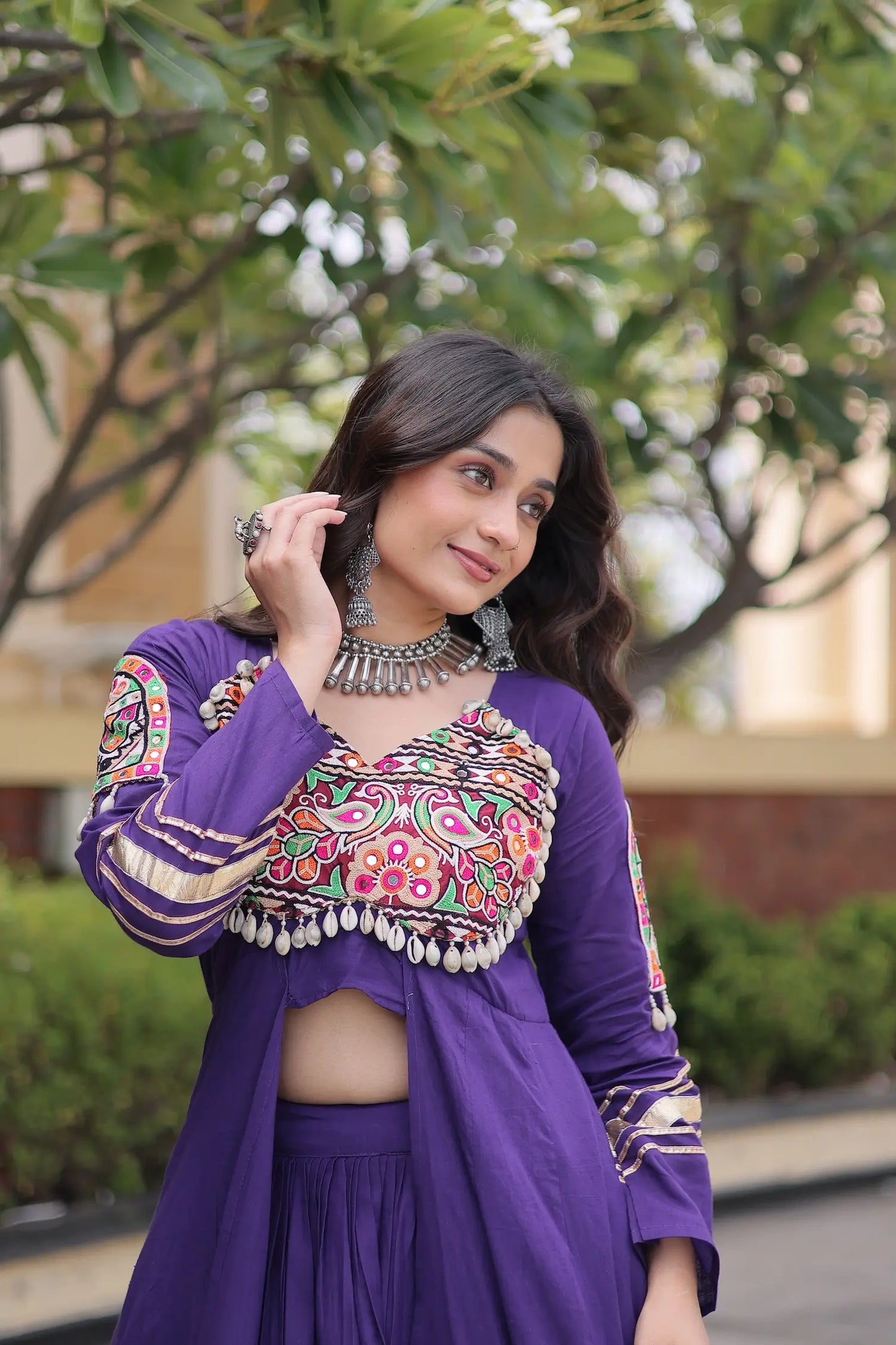 Purple Cotton Chaniya Choli With Gamthi Work
