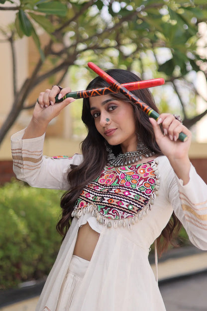 White Cotton Chaniya Choli With Gamthi Work
