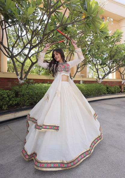 White Cotton Chaniya Choli With Gamthi Work