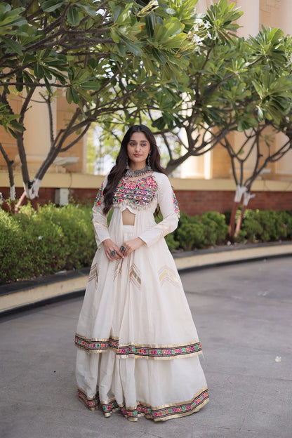 White Cotton Chaniya Choli With Gamthi Work