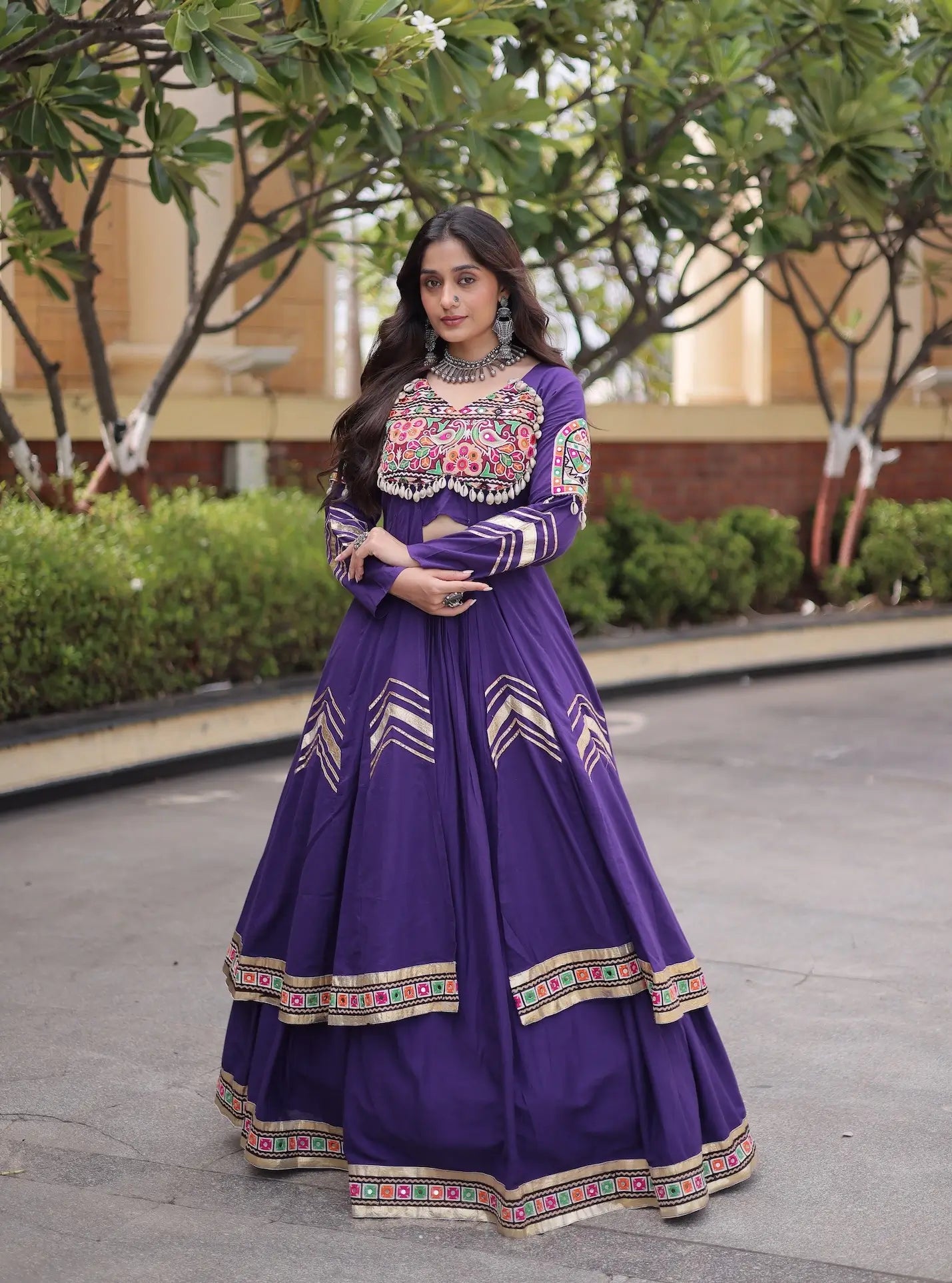Purple Cotton Chaniya Choli With Gamthi Work