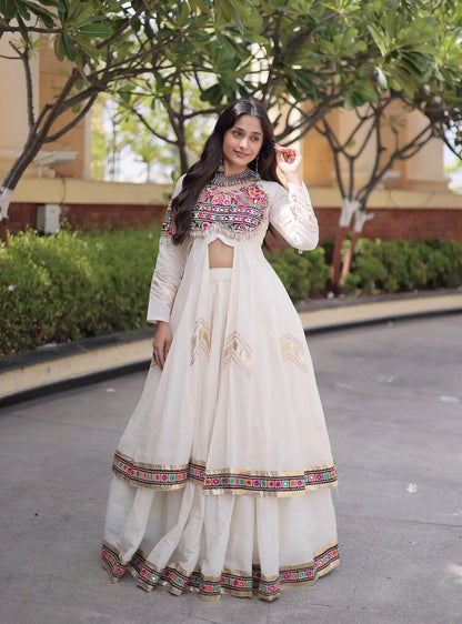 White Cotton Chaniya Choli With Gamthi Work
