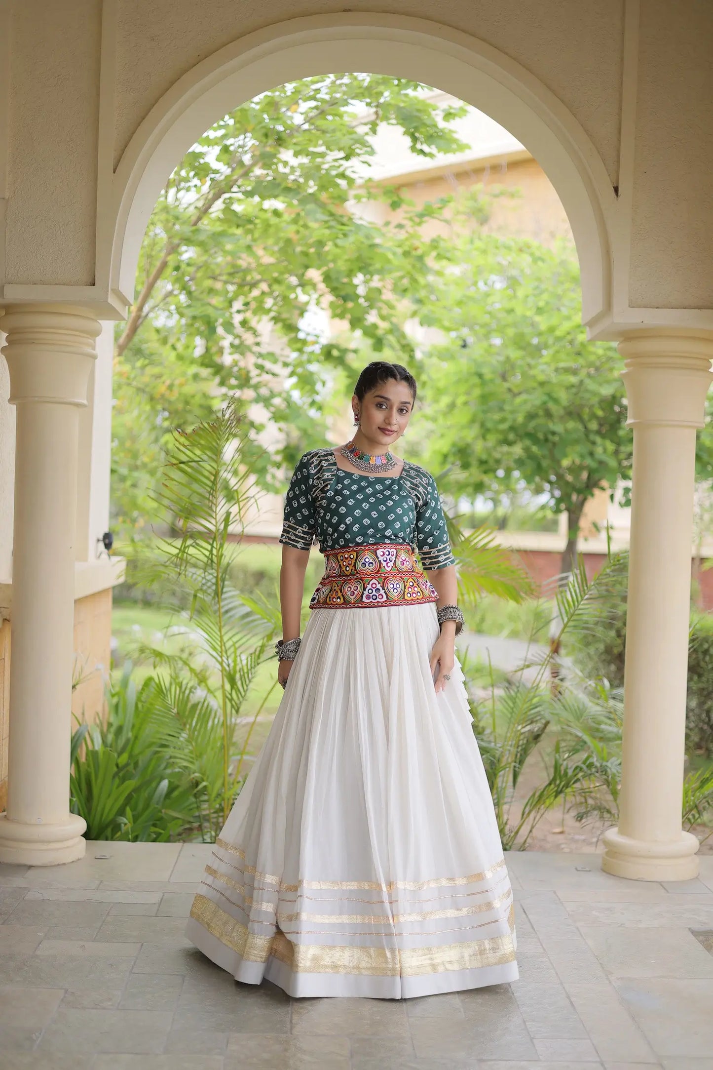 Green-White Cotton Navratri Chaniya Choli