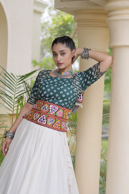 Green-White Cotton Navratri Chaniya Choli