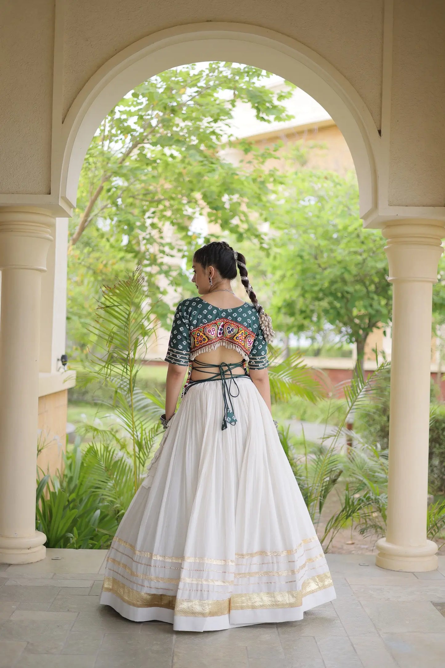 Green-White Cotton Navratri Chaniya Choli
