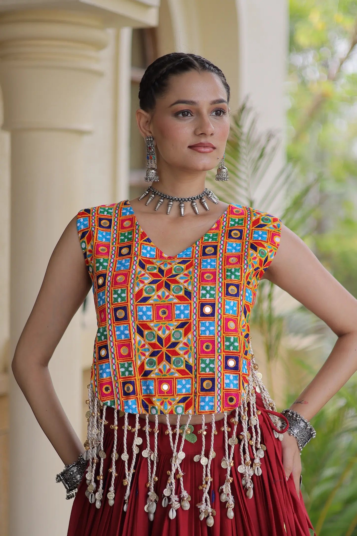 Maroon Garba Chaniya Choli With Gamthi Work Blouse