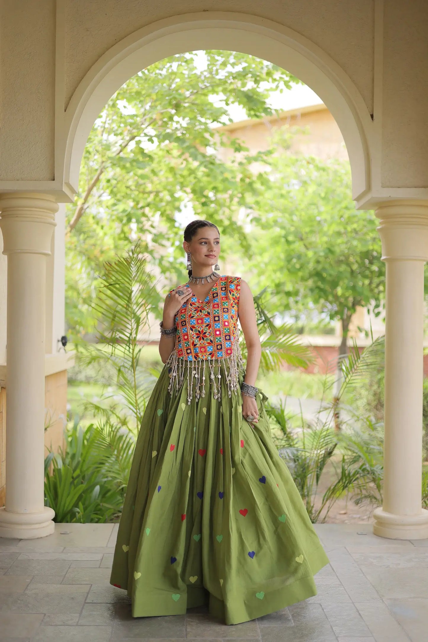 Green Garba Chaniya Choli With Gamthi Work Blouse