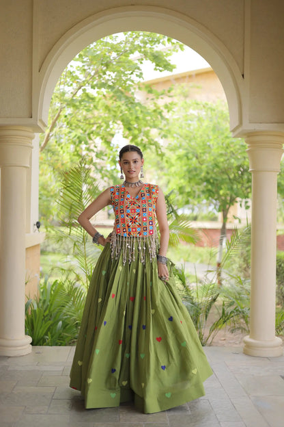 Green Garba Chaniya Choli With Gamthi Work Blouse