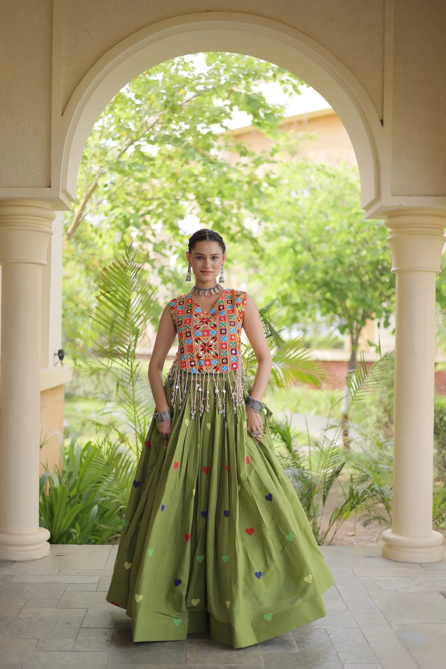Green Garba Chaniya Choli With Gamthi Work Blouse