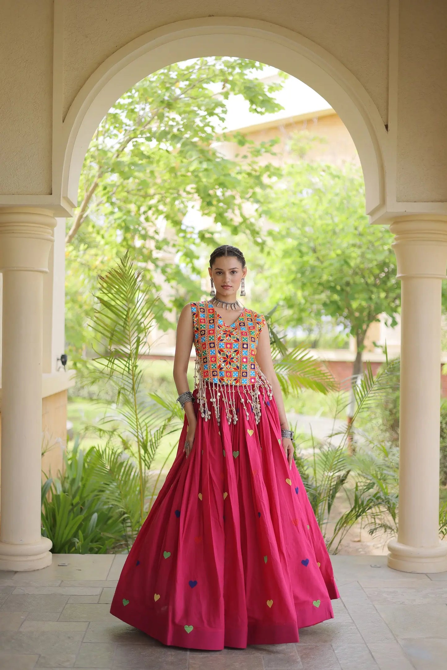 Pink Garba Chaniya Choli With Gamthi Work Blouse