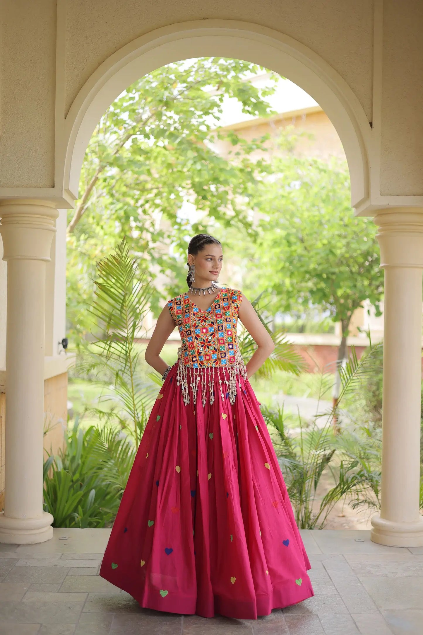Pink Garba Chaniya Choli With Gamthi Work Blouse