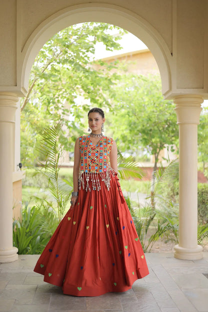 Orange Garba Chaniya Choli With Gamthi Work Blouse
