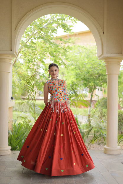 Orange Garba Chaniya Choli With Gamthi Work Blouse