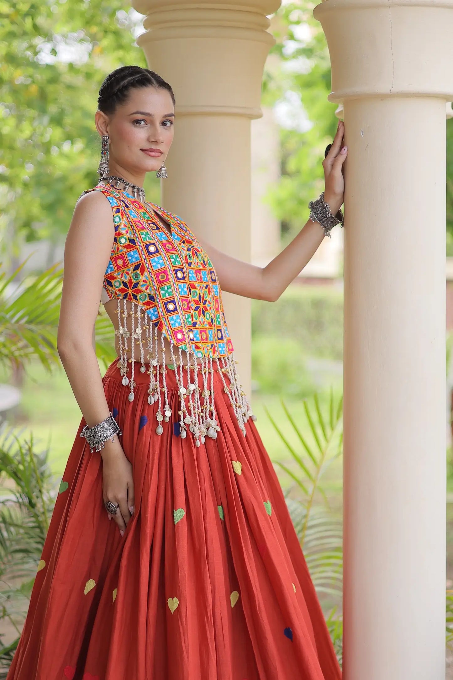 Orange Garba Chaniya Choli With Gamthi Work Blouse