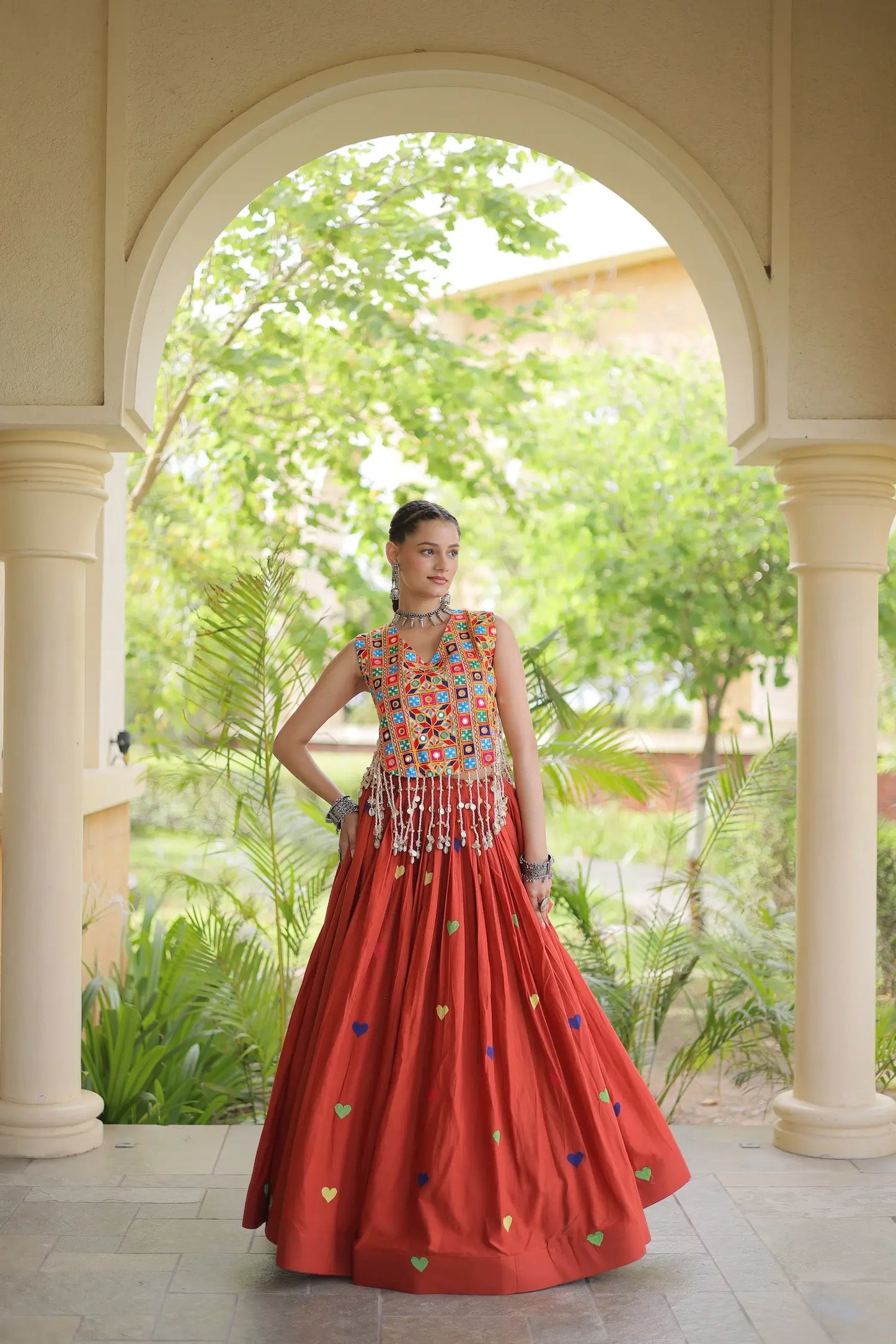 Orange Garba Chaniya Choli With Gamthi Work Blouse
