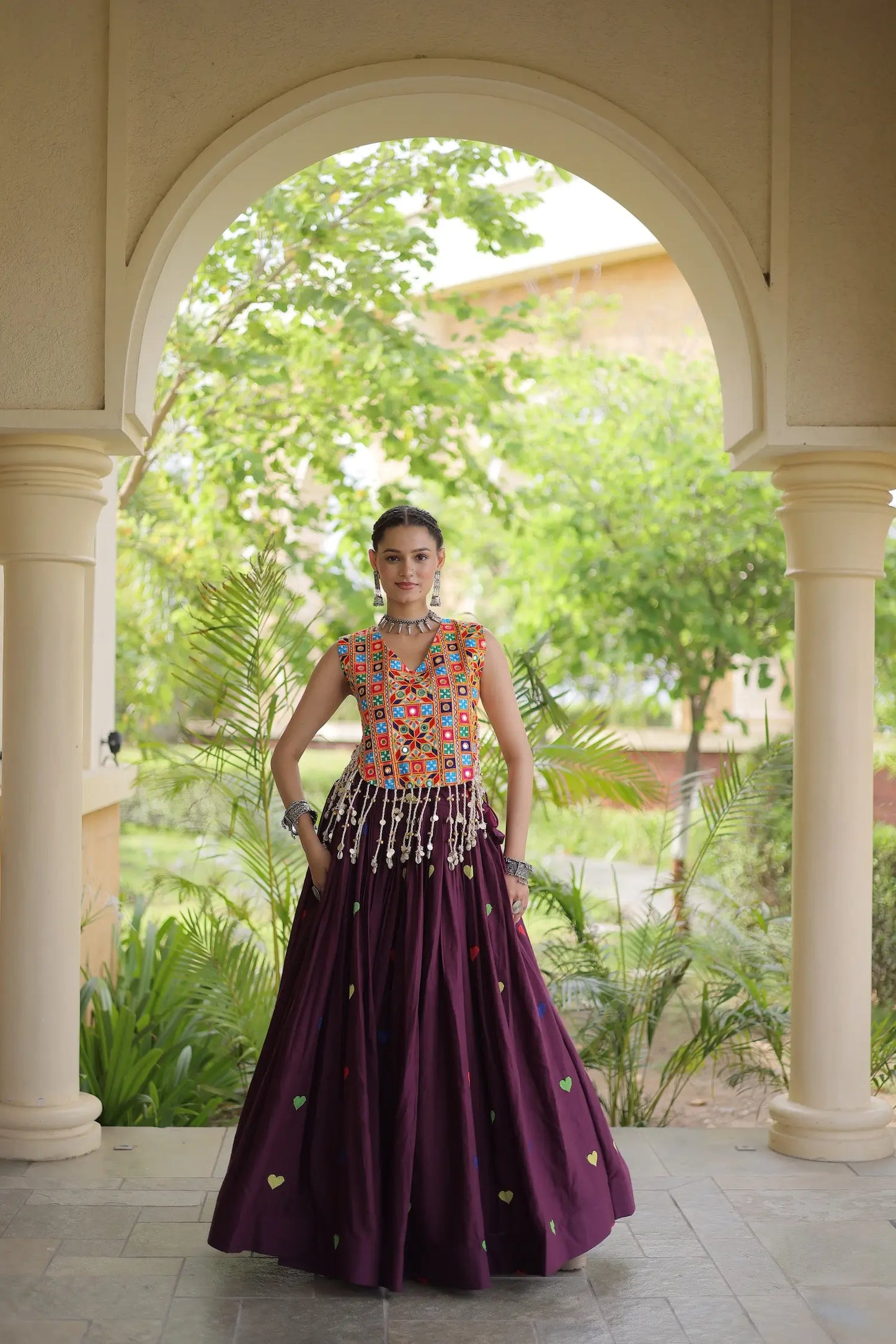 Wine Garba Chaniya Choli With Gamthi Work Blouse