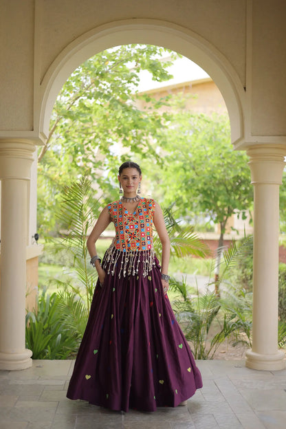 Wine Garba Chaniya Choli With Gamthi Work Blouse