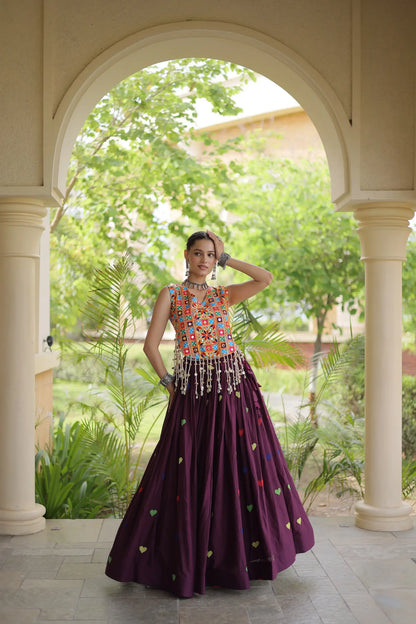 Wine Garba Chaniya Choli With Gamthi Work Blouse