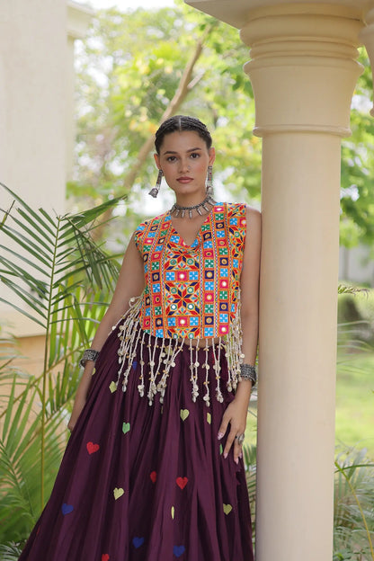 Wine Garba Chaniya Choli With Gamthi Work Blouse