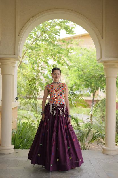 Wine Garba Chaniya Choli With Gamthi Work Blouse