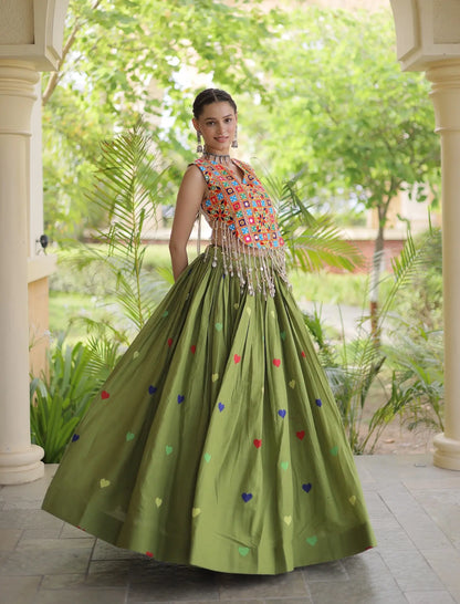 Green Garba Chaniya Choli With Gamthi Work Blouse