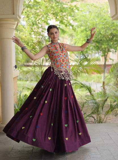 Wine Garba Chaniya Choli With Gamthi Work Blouse