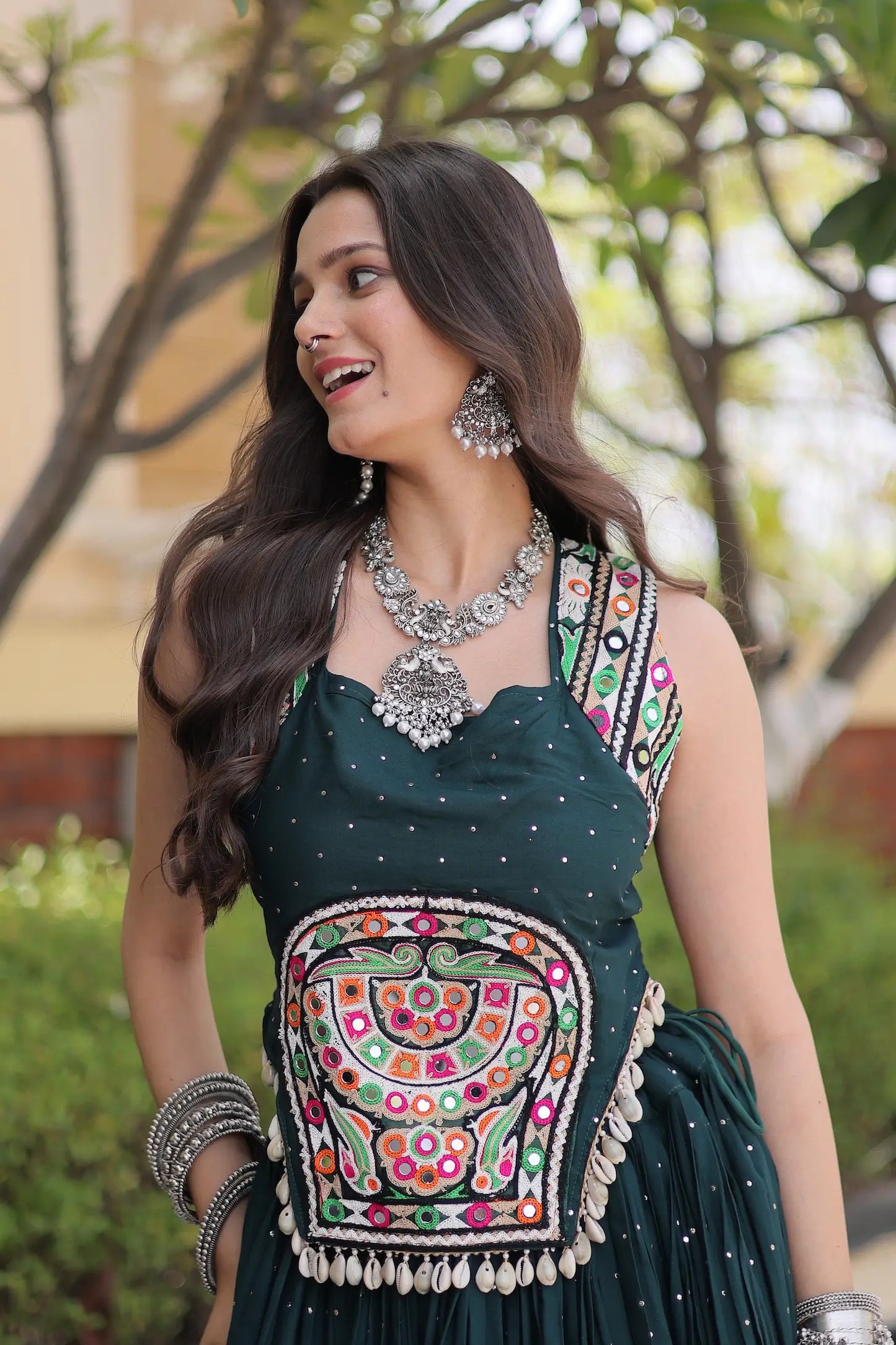 Green Garba Chaniya Choli With Lace & Gamthi Work