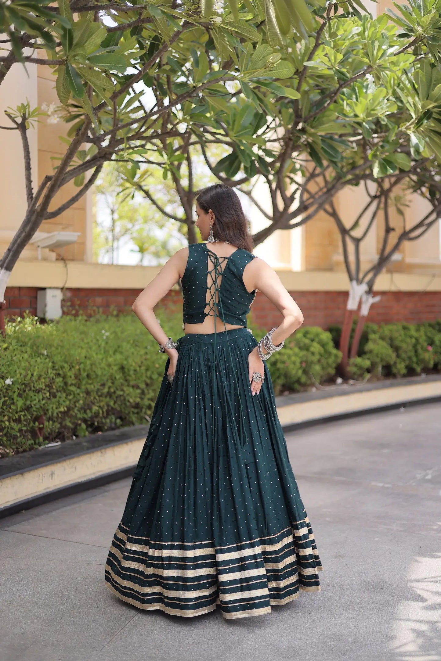 Green Garba Chaniya Choli With Lace & Gamthi Work